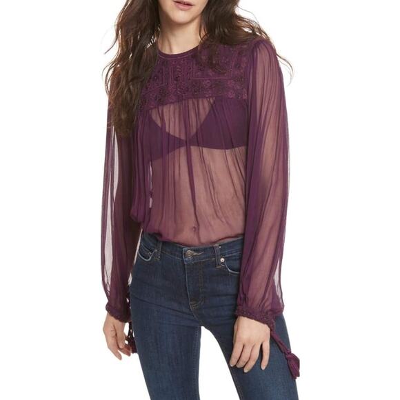 Free People Women's Sheer Femme Embroidered Retro Blouse Purple S Sexy Boho - Picture 1 of 8